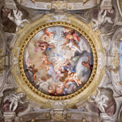 Accolto in una cupoletta e esaltato da un bordo in stucco dorato, l’affresco centrale della Camera da Letto degli Appartamenti di Mezzanotte risale agli anni 1695-1698 e si deve al pittore lombardo Stefano Maria Legnani detto il Legnanino insieme alla sua bottega. Presenta il giovane Vittorio Amedeo, erede del al Principato di Carignano, avvolto in un manto azzurro e portato dalle Grazie verso Giove, padre di tutte le divinità.