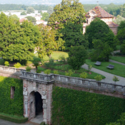 Il Giardino pensile è situato a lato della manica seicentesca del Castello di Agliè al di sopra della vecchia maniscalcia. Si affaccia sul Giardino all’italiana e al centro del muraglione si apre una nicchia decorata ai lati da due telamoni. Grazie all’esposizione sud-ovest, vi dimorano piante più delicate rispetto a quelle presenti nel restante Giardino. Sullo sfondo è visibile il tetto della colombaia in tegole colorate.