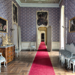 Foto di Paolo Gili<br>La Sala da Pranzo, adibita a Camera da Letto del Duca d’Aosta sul finire del Settecento, conserva ancora le decorazioni originali del soffitto e le sovrapporte con fiori attribuite a Francesco e Paolo Maria Antoniani, risalenti al 1775 circa. Successivamente, nell’inventario del Castello del 1908, l’ambiente risulta parte dell’Appartamento del principe Napoleone Luigi, figlio della Principessa Maria Clotilde e Napoleone Giuseppe Carlo Paolo Bonaparte.