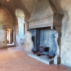 L’interno del palacium, edificio principale del complesso del Castello di Serralunga d’Alba, è costituito da ampie sale sovrapposte, destinate a funzioni abitative e di rappresentanza. La sala residenziale, con tre grandi camini e una latrina in spessore di muro, conserva i caratteri originali trecenteschi anche se priva di quegli arredi mobili, come ad esempio tappeti, arazzi e suppellettili, tipici ella vita quotidiana dell’epoca.