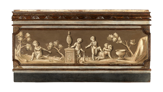 Autore ignoto, Pannello di boiserie con putti che giocano, ante 1740, olio su tavola, 43x171,5 cm, Palazzo Carignano, Torino.
